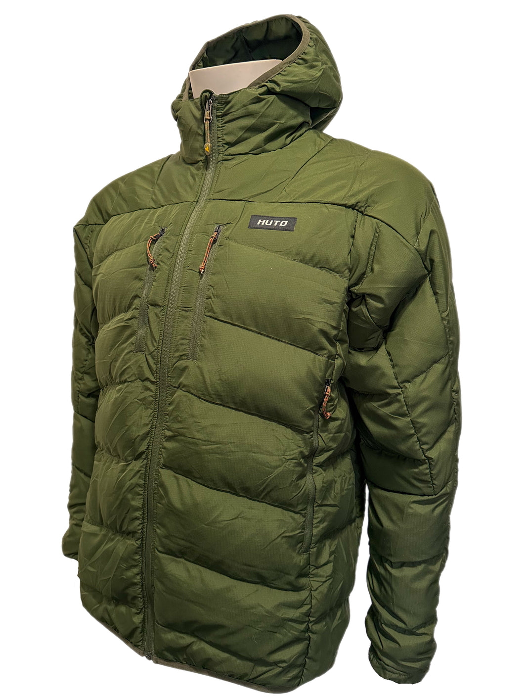 Green puffer jacket with a hood on a white background
